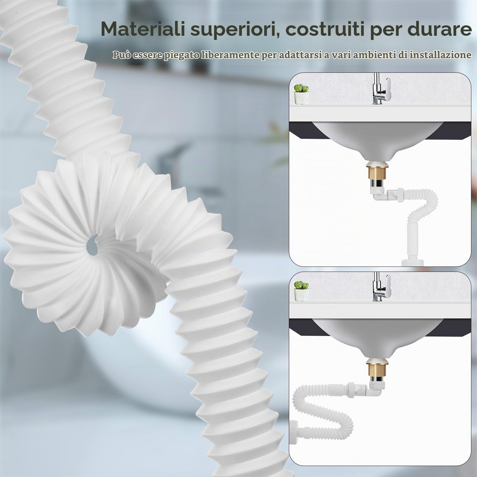 Starvortex Sifone Lavabo Bagno Flessibile, 1 1/4" Sifone Lavello Salvaspazio, Scarico Lavabo Sostituibile, Antiodore Sifone, Tubo Scarico Lavandino Estensibile 320-780mm per Bidet Cucina Bagno, Bianco