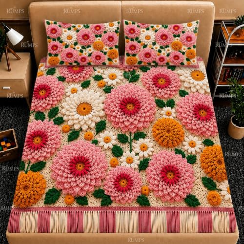 Image of RUMPS 7D Digital Printed Flat Bedsheet for Double Bed, King Size 90 x 100 Inches with 2 Pillow Covers, Soft Microfiber Fabric, 3D Floral Flower Design, Pink & White Designer Bedsheet for Bedroom
