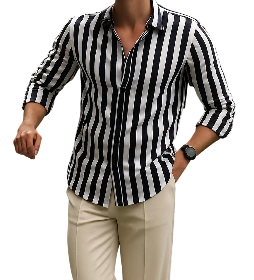 Men's Slim Fit Striped Cotton Shirt | Casual Stylish Vertical Stripe Shirt | Trendy Full Sleeve Lightweight Summer Shirt for Men-image-15