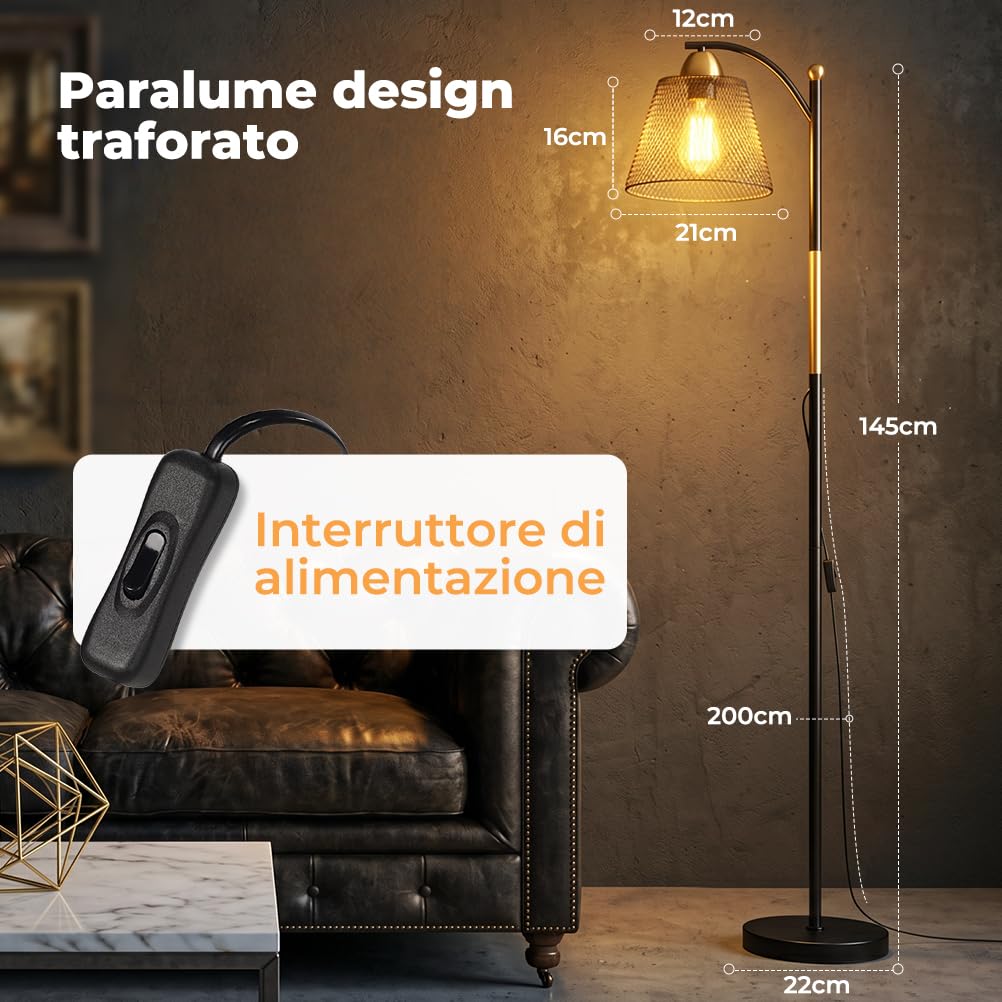 OUSFOT Lampada da Terra E27 Portalampada 230V, Industriale Piantana 40W, Nero e Oro, Adatto per Uffici, Soggiorni e Camere da Letto (Senza lampadina)