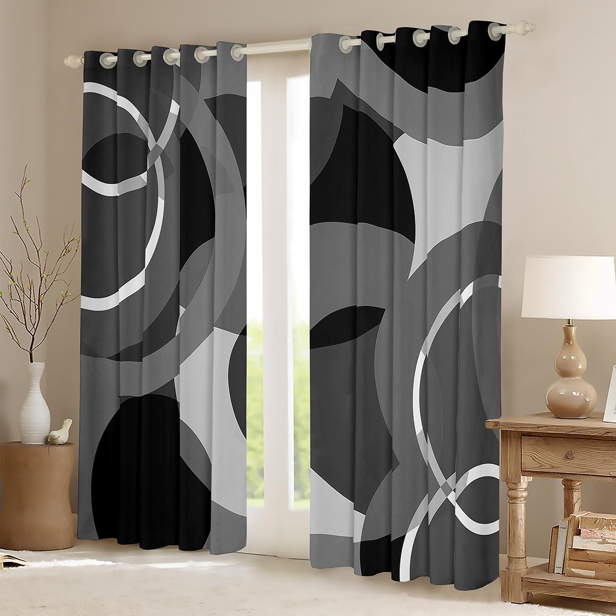 Feelyou Circle Curtains for Bedroom Kids Gray Black Swirl Darkening Curtains Modern Stripes Blackout Curtains(30%-50%) Geometric Window Drapes Decor (2 Panels, 52 x 63 Inch)