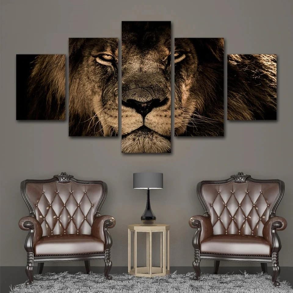 Tableau décoration murale lion en 5 parties de 200x100 cm pour salon