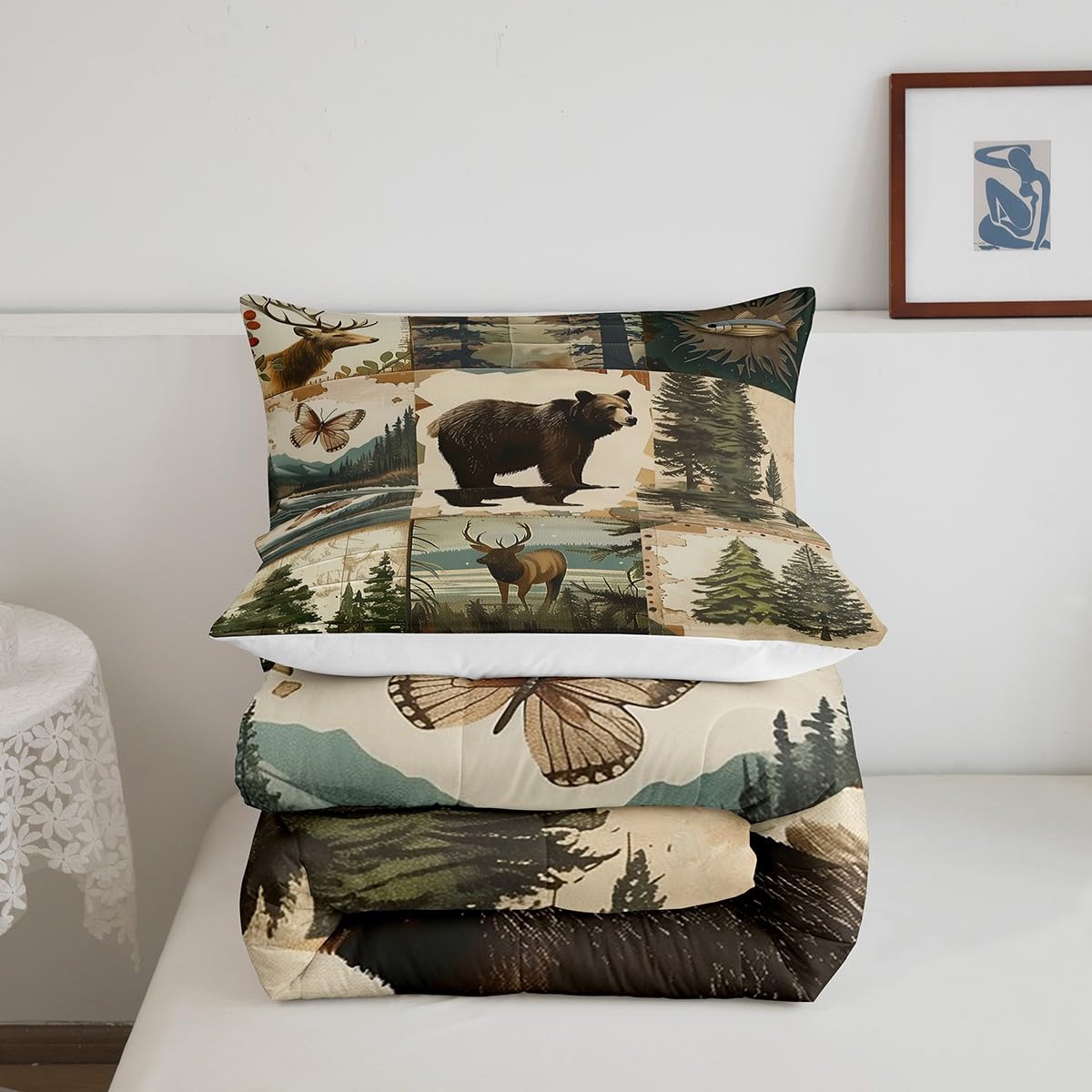Deer Antler Bedding Set Queen - Hunting Theme Comforter & 2 Pillowcases, Farmhouse Style Kids Room Decor
