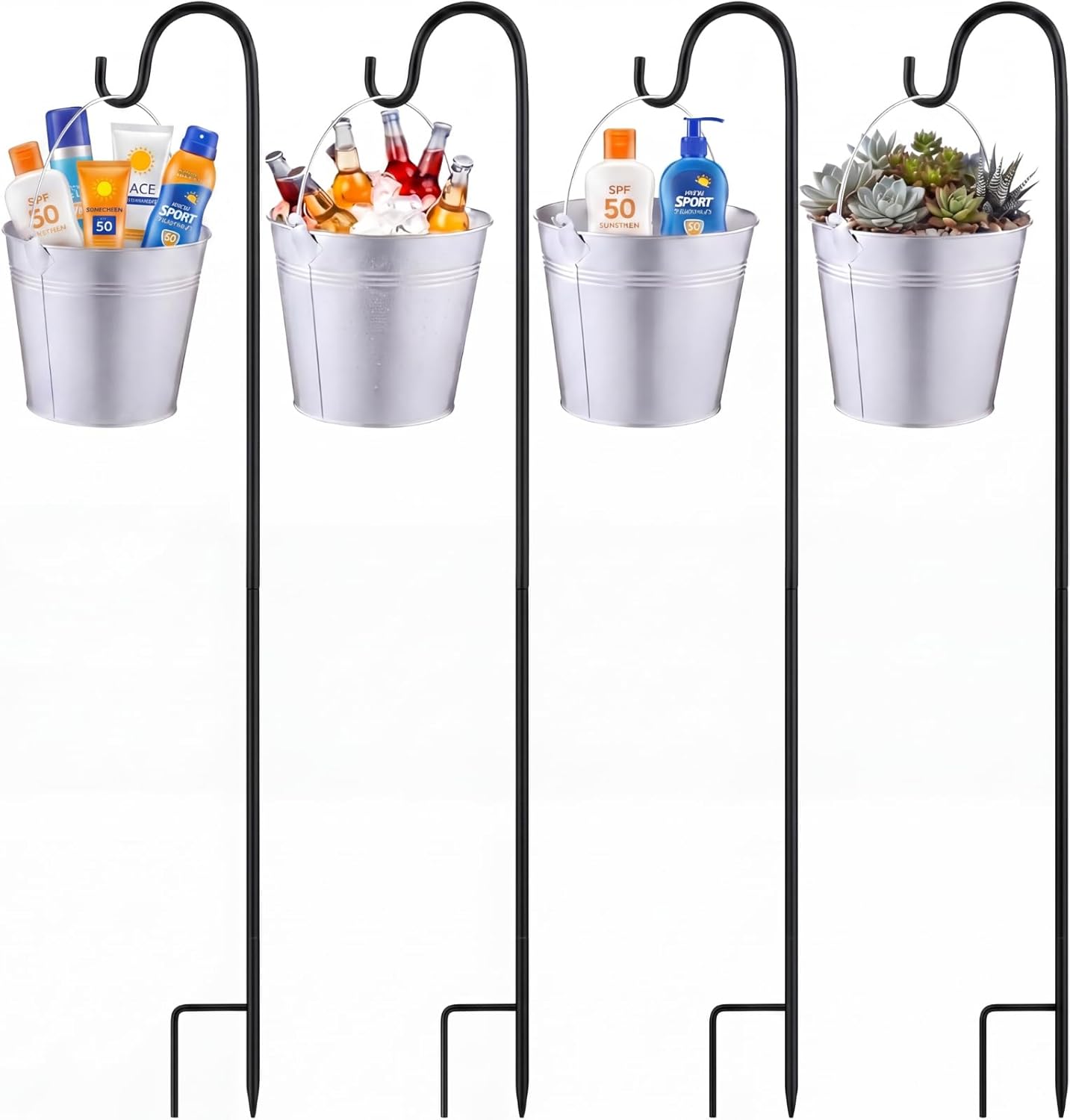 Frienda 4 Set 31.5 in Shepherds Hooks and Metal Bucket with Handle 6x5.2x4.3 in for Sunscreen Station Organizer Bug Spray Storage for Outdoor Candy Garden Plant Flower Pool Weddings Summer Party Favor