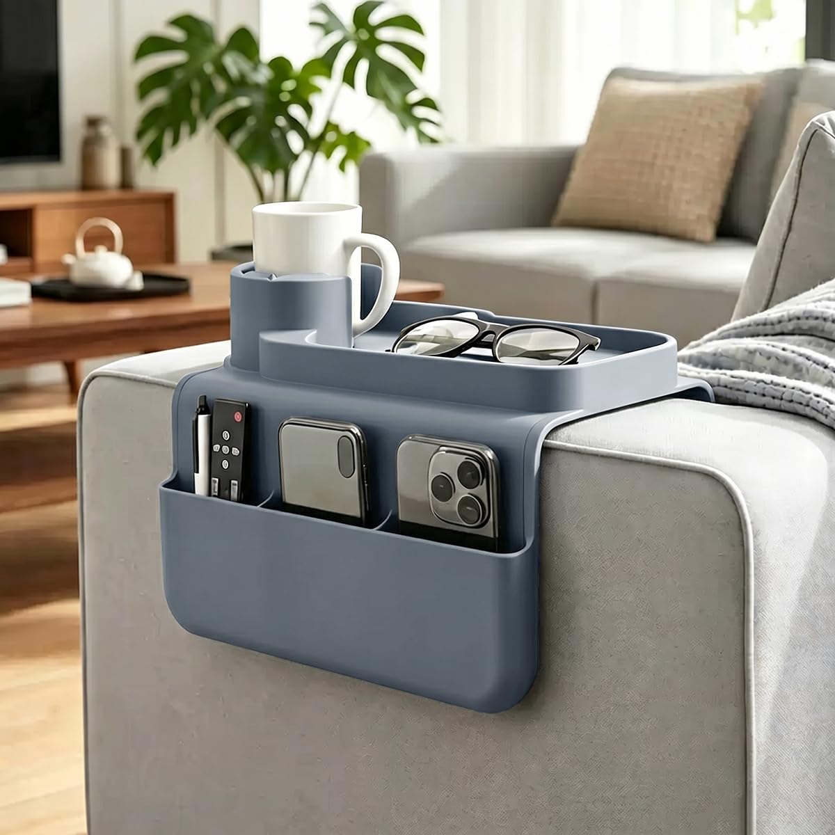 Vurixfo Silicone Sofa Arm Tray Cup Holder with Dual Side Pockets Grey