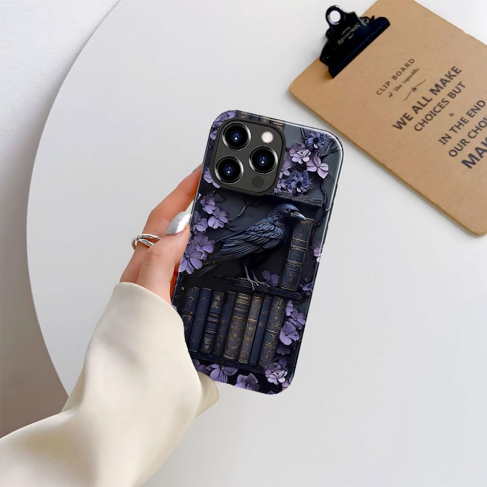 Case Compatible with iPhone 15 Pro Max,Compatible with MagSafe,Glossy Fall Prevention Hybrid 2-Layer Hard Shell Cases for Girls Boys,Purple Floral Crow Bookshelf - Image 7