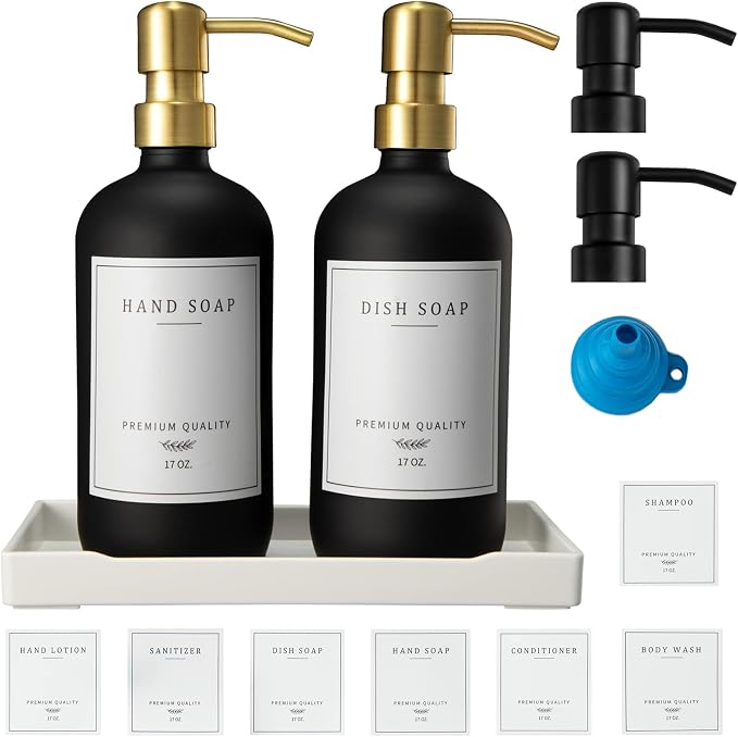 Glass Soap Dispenser for Kitchen Sink,Farmhouse Kitchen Dish Soap Dispenser&Hand Soap Dispenser Set,Rustproof Pump Bathroom Soap Dispenser with Tray,Waterproof Label for Kitchen Decor(Amber
