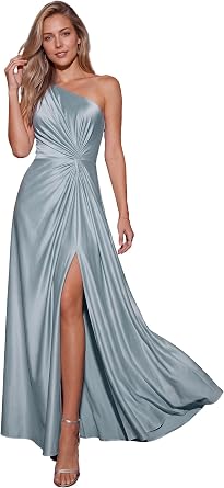 Ever-Pretty Women's One Shoulder Satin Bridesmaid Maxi Dress with Slit Formal Evening Gown for Wedding 02725