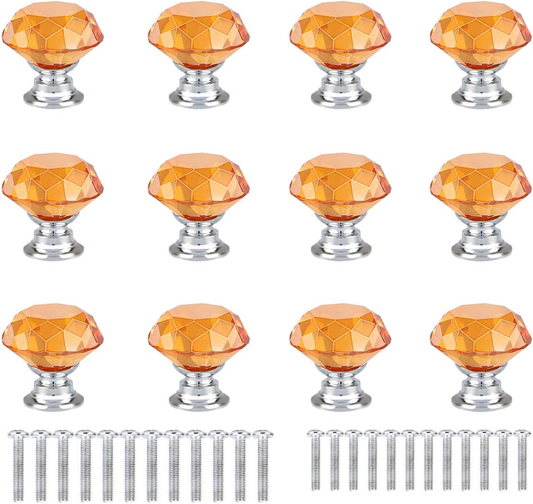 12 Pcs 30mm Diamond Shape Crystal Glass Cabinet Knobs with Screws Drawer Knob Pull Handle Used for Kitchen, Dresser, Door, Cupboard (Amber)