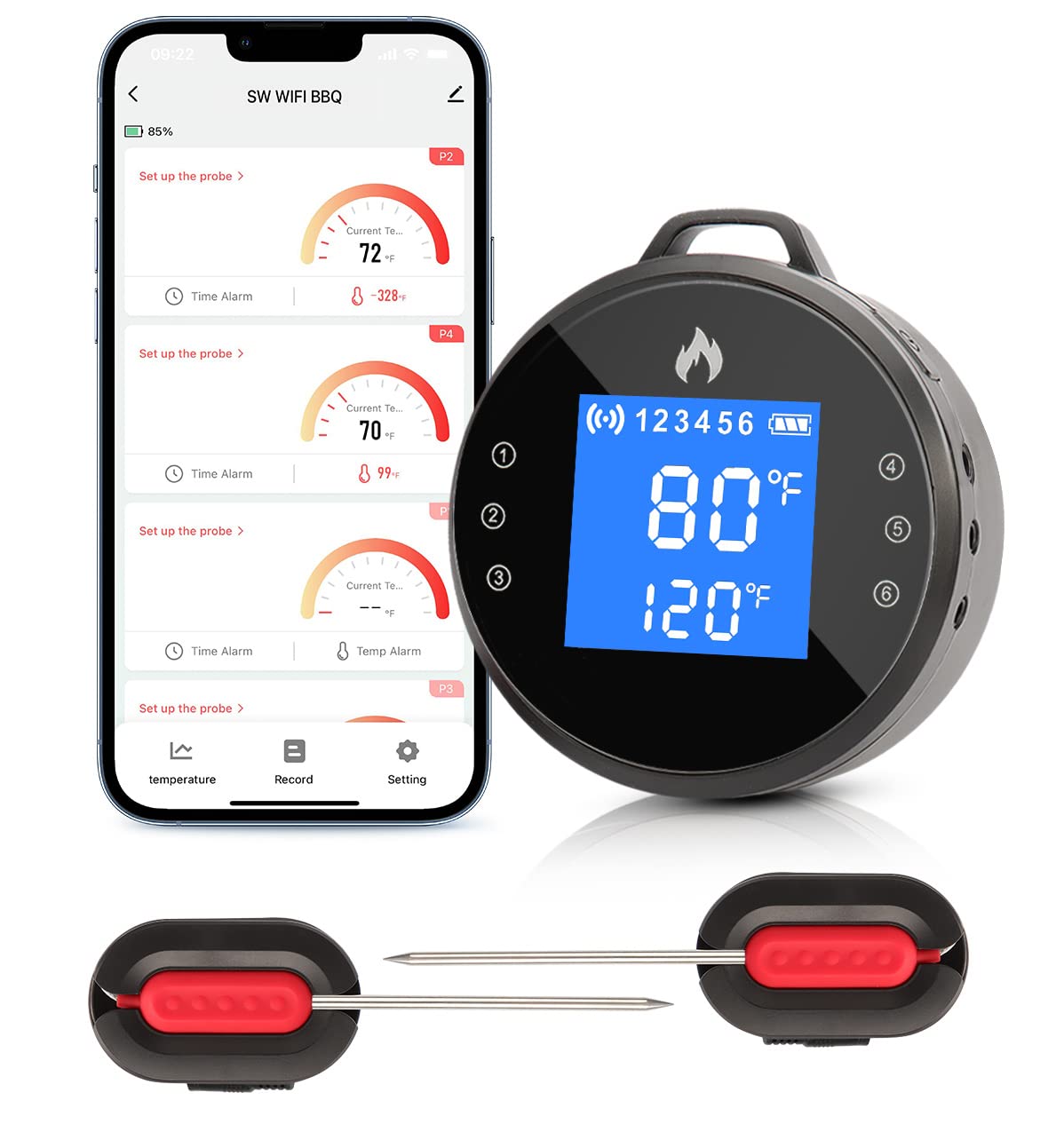 WiFi Meat Thermometer with 2 Probes, Digital Wireless Instant Read Smart 2000mAH Rechargeable BBQ Grill Meat Thermometer with Timer, Alarm for Smoker, Oven, Grill, Roast, Kitchen Food Meat
