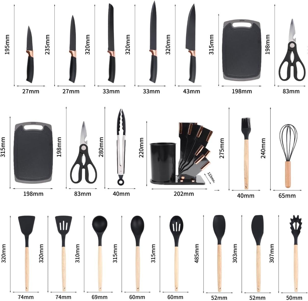 Kit 19 Utensílios De Cozinha Com Cabo De Madeira E Silicone (Preto)