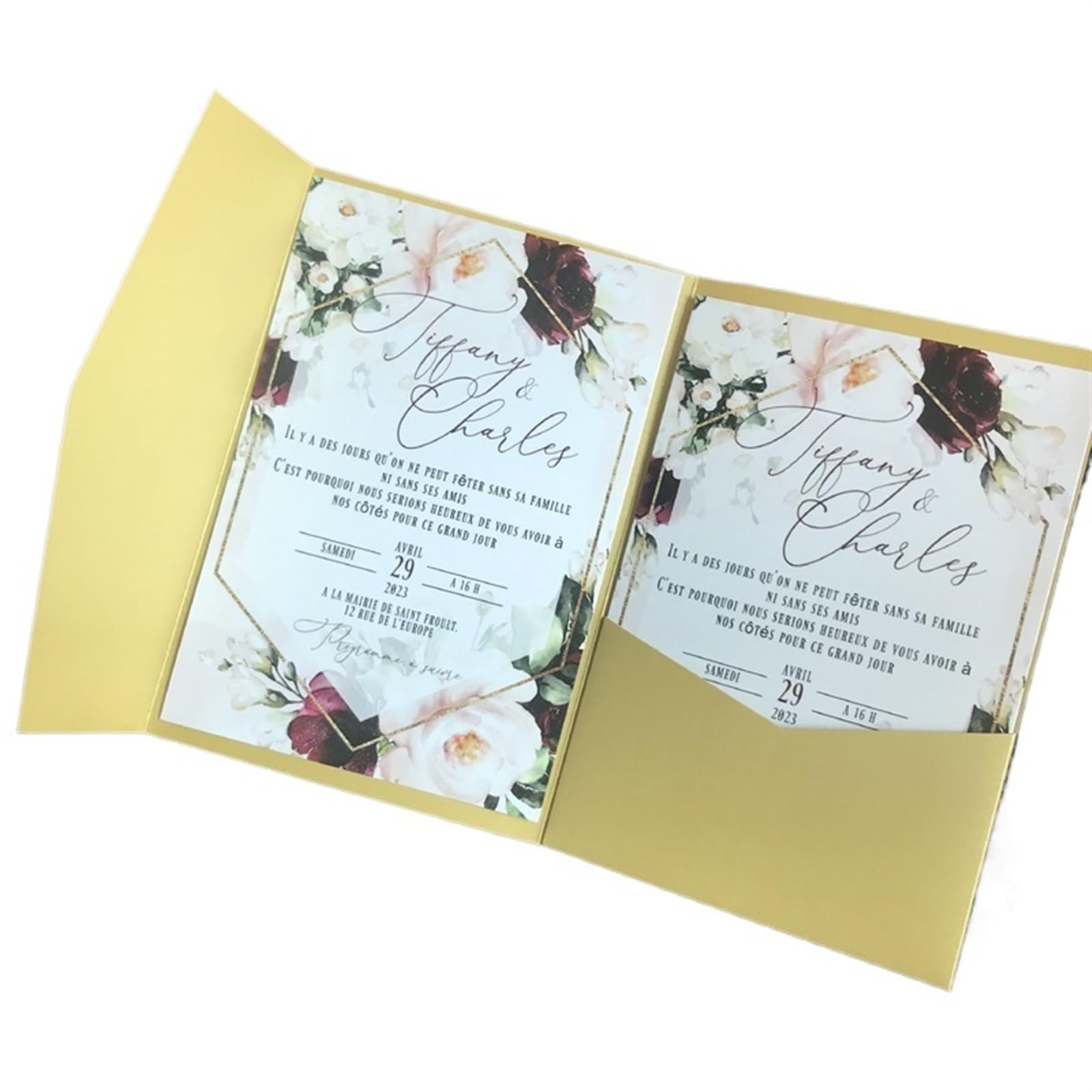 Einladungskarten Hochzeit 50 Sets dreifach gefaltete Hochzeitseinladungskarten mit Taschen, individueller Druck, Verlobung, XV. Geburtstag, Taufeinladungen(Dark Gold,Outside Cover only)