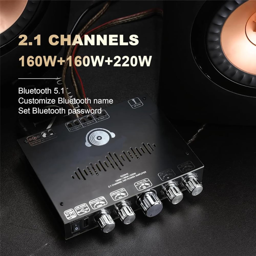 DollaTek 2.1-kana?owa p?ytka wzmacniacza Bluetooth, wysokiej jako?ci p?yta wzmacniacza Bluetooth, 160 W + 160 W + 220 W, obs?uguje sterowanie aplikacj?, obs?uguje wej?cie AUX USB Bluetooth 3,5 mm AUX