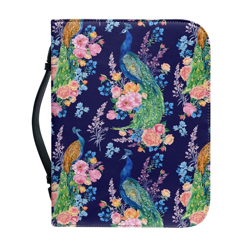 Garronmavis Flowers Peacock PU Leather Bible Case for Women, Peacocks Painting Bible Bag, Animal Art Bible Protective Bag - L — image 1