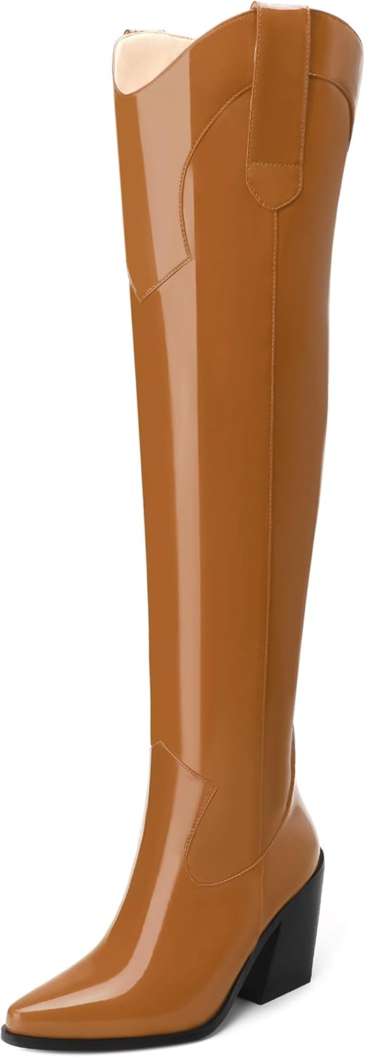 MOVINSTEPS Thigh High Boots for Women Over the Knee Boots Patent Chunky High Heel Pointed Toe Pull on Long Boots Elegant Classic Fashion Tall Boots 3.5 Inch