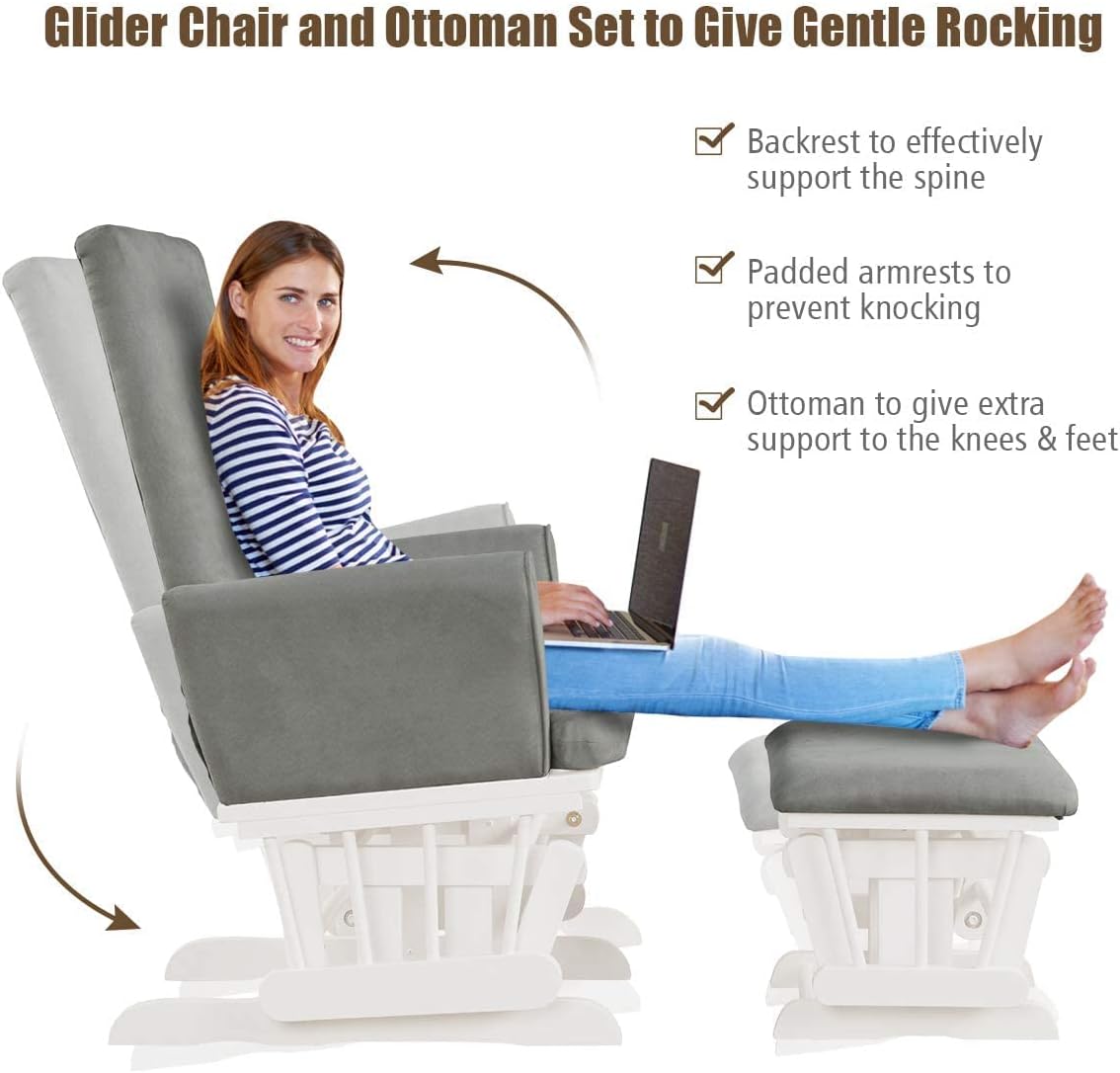 LDAILY LUARANE Hoop Glider and Ottoman Cushion Set, Wooden Rocking Nursery Chair with Cushioned Armrests Detachable Cover, Upholstered Glider with Nursing Ottoman for Napping Nursing Reading (Grey)