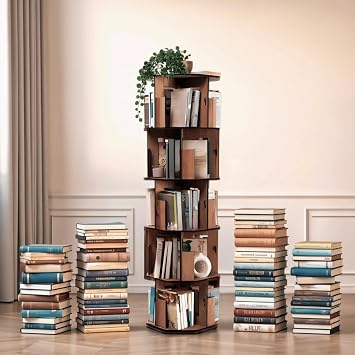 خزانة كتب دوارة Vigo Wood 360° – رف خشبي حديث ومزخرف متعدد الطبقات للكتب والمجلات (جوز، 5 أرفف)