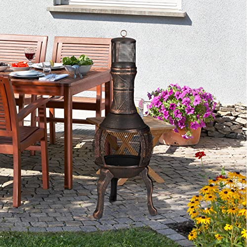 Relaxdays Terrassenofen, Gusseisen, HxBxT: 114 x 40 x 40 cm, Schürhaken, Funkenschutz, Outdoor, Gartenkamin, Bronze-2