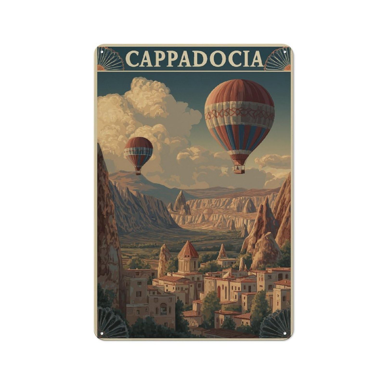 Junmoney Hot Air Balloons Over Cappadocia Simple Retro Metal Wall Plaque 30X20cm, Creative Space Decor For Office, Study, Studio Or Hallway