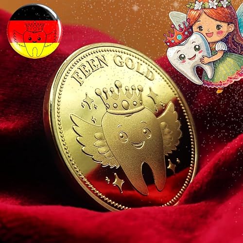FEEN GOLD Zahnfeemünze Milchzahngeschenk Zahnfee für Kinder Jungen Mädchen Taler Goldtaler Milchzahn Geschenk Münze Andenken Erinnerung Überraschung Fee Zahnlücke Wackelzahn Tooth fairy coin