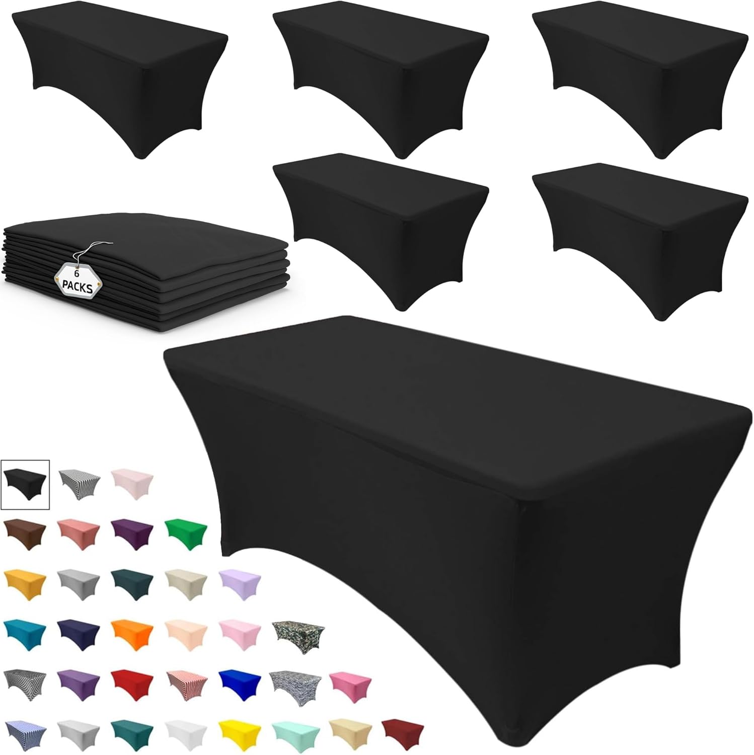 YOUR CHAIR COVERS 6 Pack Rectangular Spandex Table Covers 6ft Fitted Tablecloth Wedding Event Patio Decorations Elastic Fabric Stretch for 6 ft Folding Table (Black)