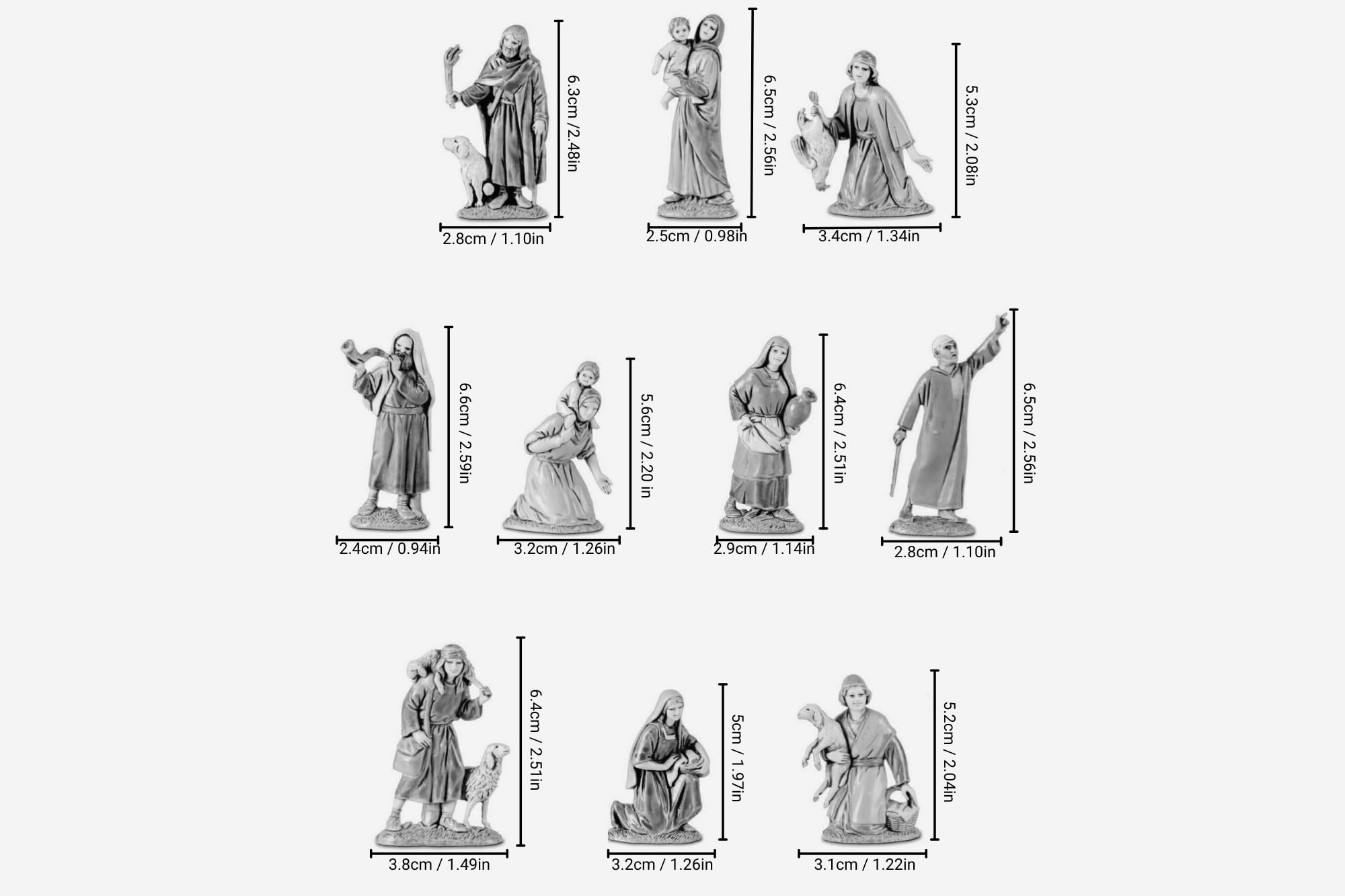Moranduzzo Set 10 Pastores para Belén de 6,5 cm Escala 1:30 – Mini 6,5 – Figuras Irrompibles, Acabadas a Mano, Escultor M. Landi, Made in Italy