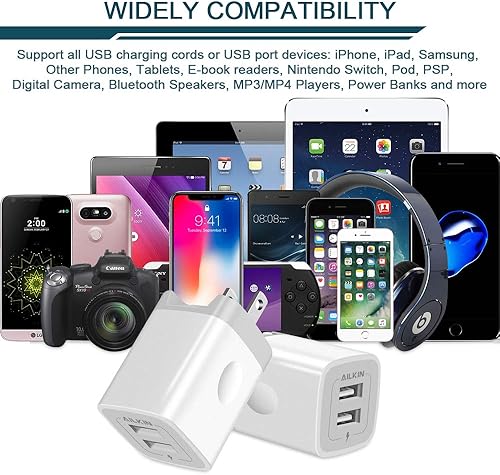Miniatura 7 de Cargador de pared USB, adaptador de cargador plegable, AILKIN 2 unidades de 2.4 amperios de doble puerto de cargador rápido, cubo de enchufe de CA