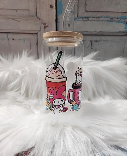 Kitty and Friends Coffee Cups Glass Can 16oz Glass Cans with Lid and Glass Straw Mason Jar Cup with Bamboo Lid Trendy Glass Cup