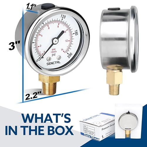 Miniatura 63 de SENCTRL Medidor de presión sin plomo de 100 psi, dial de 2 pulgadas, montaje inferior 1/4 NPT, impermeable, caja de acero inoxidable, para tanque