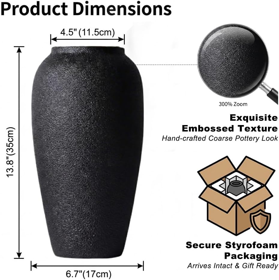 13.8 Inch Tall Matte Black Ceramic Vase, Modern Rustic Decorative Vase for Flowers, Pampas Grass or Greenery, Large Tabletop Accent for Entryway, Living Room, Mantel