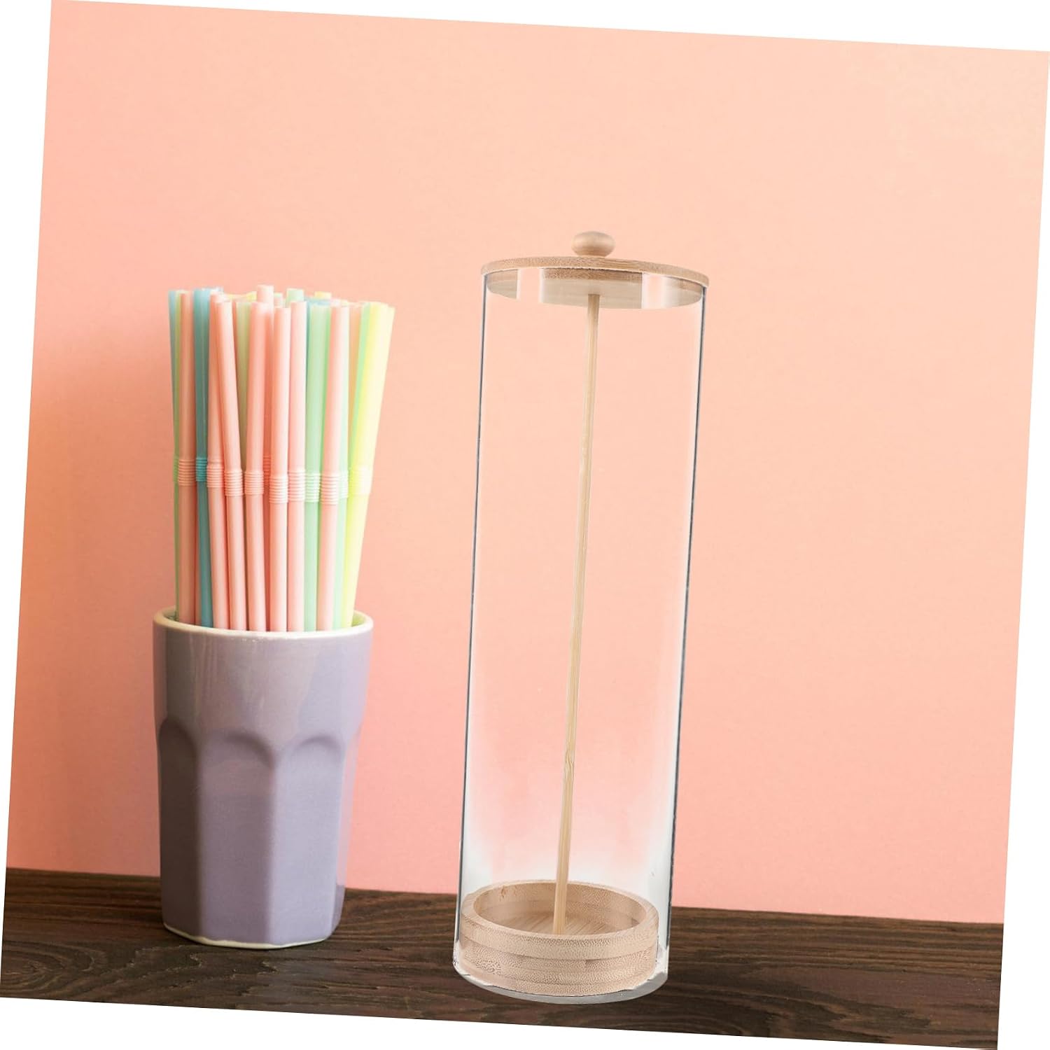 Acrylic Straw Dispenser with Wooden Lid for Countertop Storage