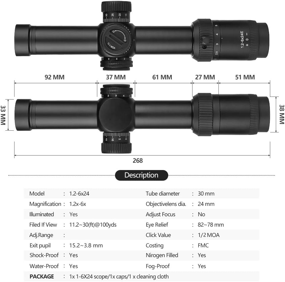 SPINA OPTICS 1.2-6x24 FFP First Focus Plane Telescopic Sight Tactical Hunting Rifle Scope Scopesights with Mil-dot Reticle