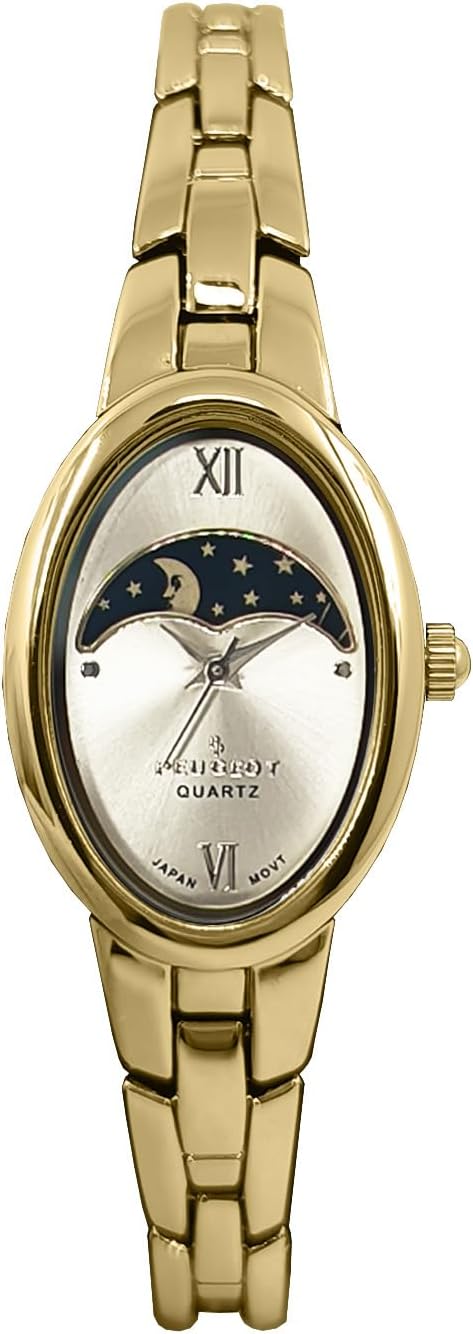 Peugeot Womens 30mm x 20mm Oval Watch with Sun-Moon Phase Roman Numeral Dial and Metal Link Bracelet