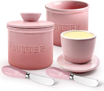 2 PACK Pink Butter Crocks Ceramic Frech Butter Cup with Knife & Lids