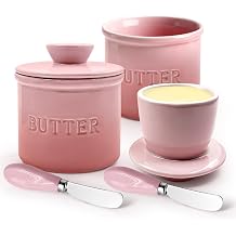 2 PACK French Butter Crocks, Spreadable Butters Holder with Lid & Butter Knife for Kitchen Countertop Ceramic Butter Dish with Jug and Lid Making Butter softer Dishwasher Safe