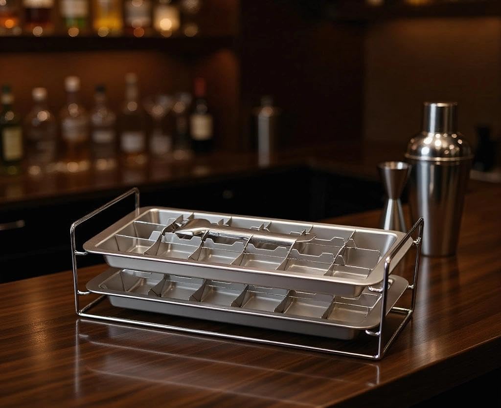 2-Pack Stainless Steel Ice Cube Trays - with Easy-Release Lever for 36 Large Cubes, Stackable Plastic-Free Freezer Mold, Vintage Eco-Friendly Ice Maker