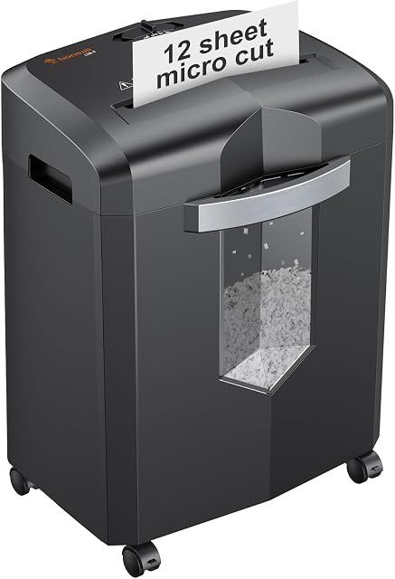 bonsaii 12-Sheet Micro Cut Shredders for Home Office, 60 Minute P-4 Security Level Paper Shredder for CD, Credit Card, Mails, Staple, Clip, with Jam-Proof System & 4.2 Gal Pullout Bin C266-B