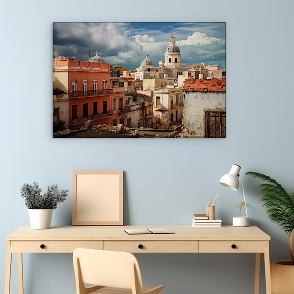 Canvas for Living room. Whispers of Time Among the Hues: Capturing the Essence of a Historic Cityscape, 27 x 18 inch Canvas Wall Art - Contemporary Masterpieces - Modern Home Decor