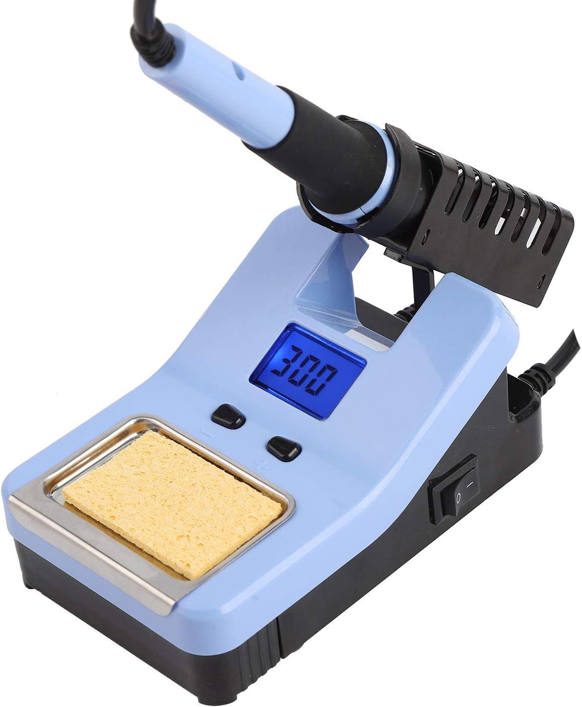 Close-up of the soldering station's LCD display and temperature control buttons