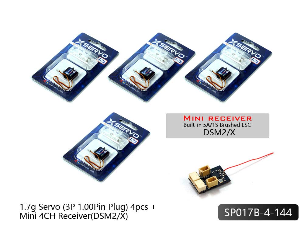 Servo digital de 1.7 G de alta velocidad y alto par X-Servo con enchufe de 1.00 pines, 4 micro servos con mini receptor opcional para helicóptero de avión RC (SP017B-4-144)
