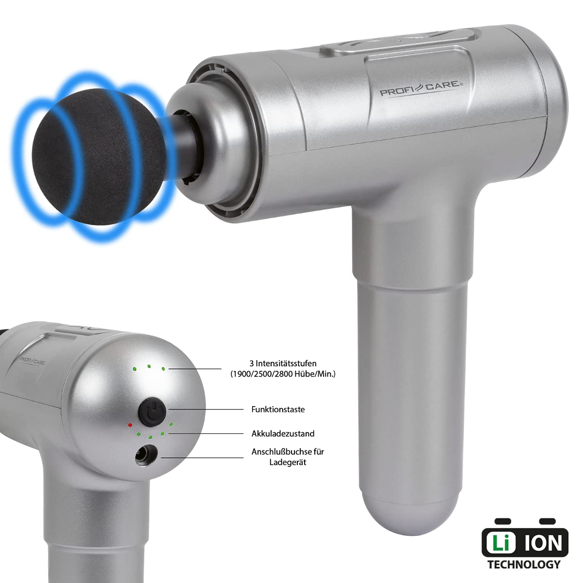 ProfiCare® Pistolet do masażu, pistolet do masażu, 1900 – 2800 uderzeń/min, 3 poziomy intensywności, czas pracy baterii 4 godziny, 4 wymienne nasadki, 8 diod LED do informacji o stanie pracy | PC-MP
