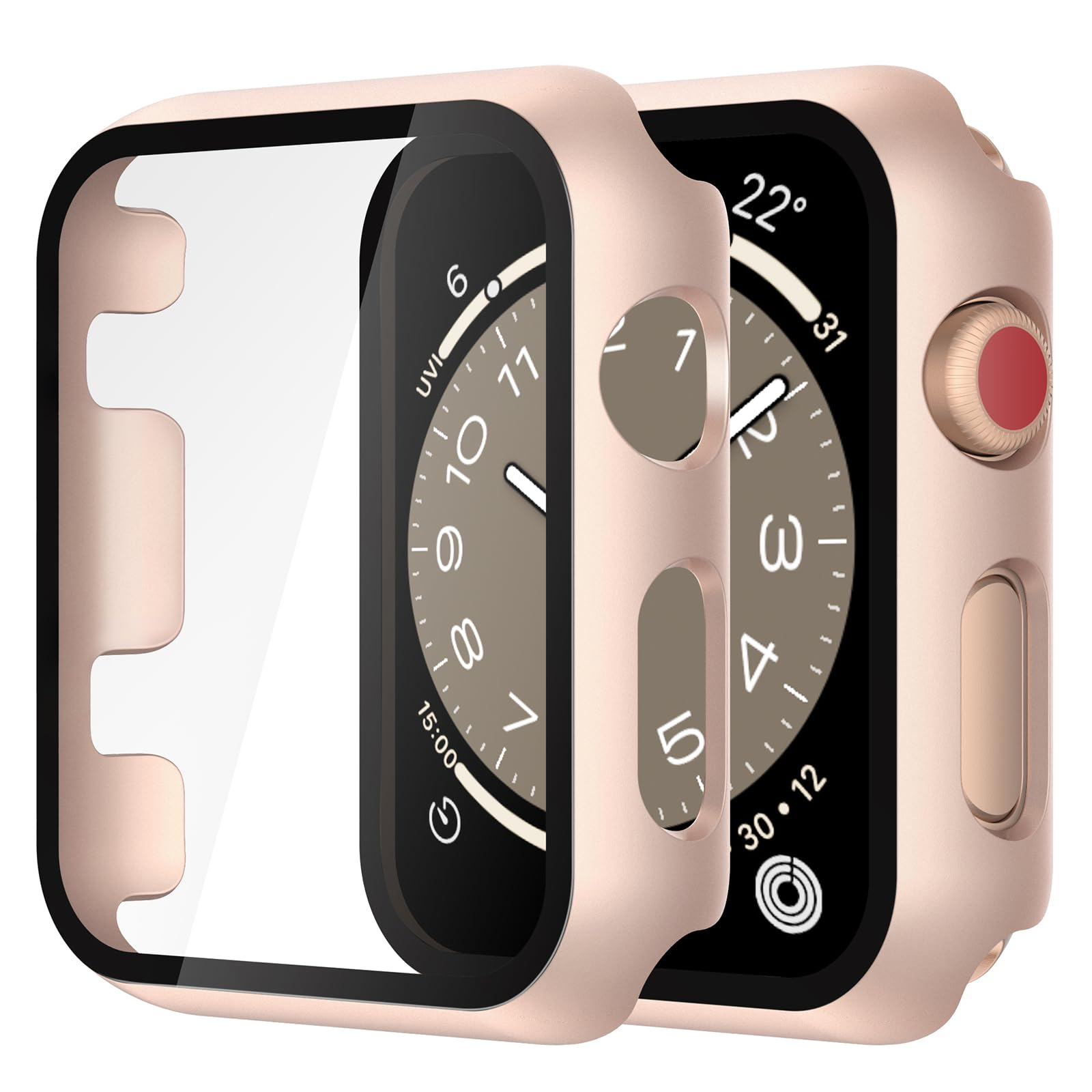 Misxi 2 Pezzi PC Cover Protezione con Vetro Temperato per Apple Watch Serie 3 Serie 2 42mm, Custodia Ultra-sottile Anti-caduta Resistente ai Graffi per iWatch, 1 Oro Rosa + 1 Trasparente