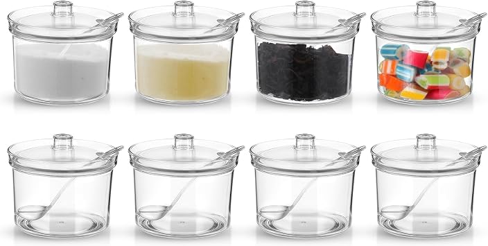 Dimeho 8 Pcs Clear Sugar Bowls Acrylic Salt Storage Jar with Lid and Spoon Organizer Condiment Holder Bottle Case for Kitchen Tea Spices Seasoning Restaurants Cocoa Bar