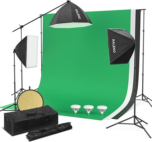 RALENO Softbox Kit de iluminación para fotografía, sistema de soporte de fondo de 8.5 x 10 pies con 3 bombillas LED de 85 W 5500K y reflector 2 en