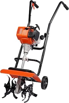 VEVOR Tiller Cultivator, 31CC 4-Stroke Garden Cultivator, Tiller with 4 Steel Adjustable Front Tines for Lawn, Garden and Field Soil Cultivation, Orange
