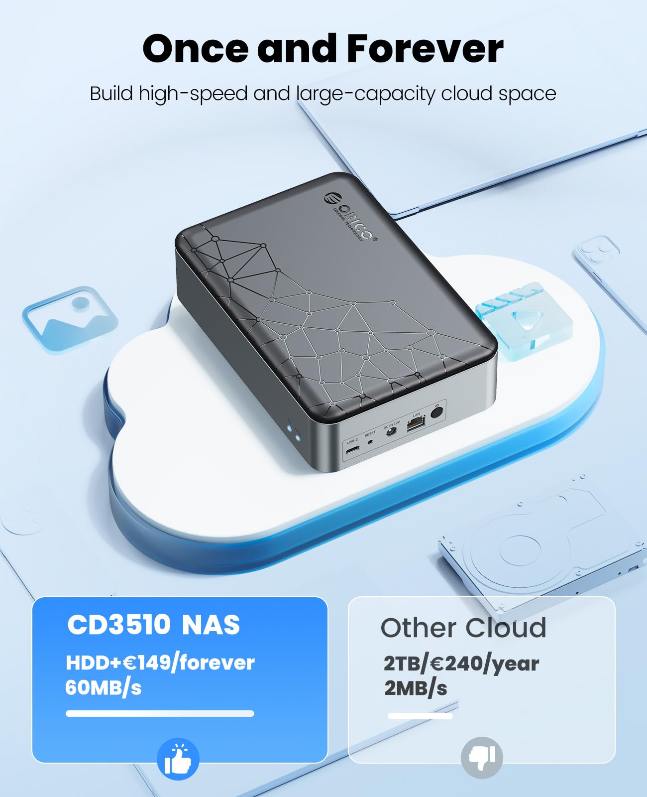 ORICO Servidor NAS para HDD SATA de 3,5", Nube familiar, conexión de aplicaciones y acceso VPN, copia de seguridad inteligente, Conexión de la APP, conexión de tapa magnética, modelo CD3510(sin disco)