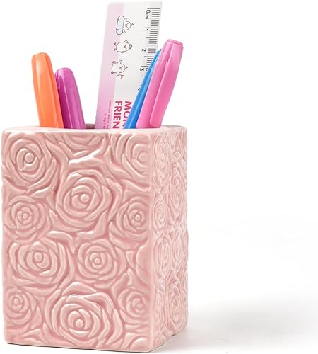 Soporte para bolígrafo de flores de rosa, soporte cuadrado esculpido de cerámica, contenedor de escritorio, decoración de oficina, organizador de
