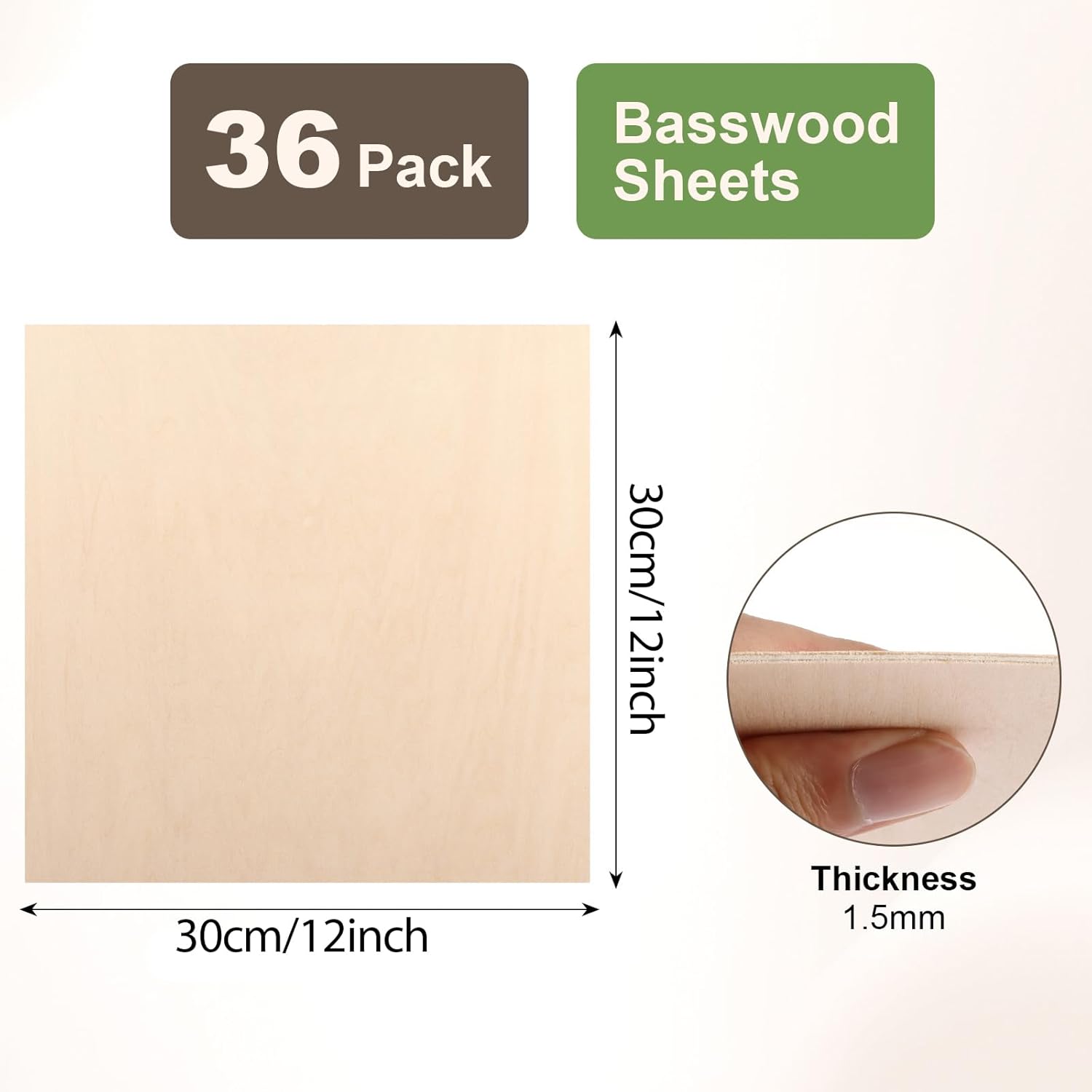 MIVIDE 36 Pack Basswood Sheets 1/16 inch, 12"x12"x1/16 Craft Plywood Sheets, 1.5mm Basswood for Laser Cutting, Plywood Board Unfinished Wood for Crafts DIY Ornaments and Models Engraving Drawing