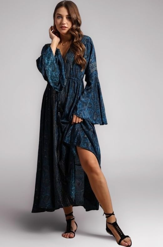 - KE KANHA EXPORTS Long Dress for Woman | Boho Maxi Beach Wear Dress for Women | Soft Silky Fabric Border Print with Tassel Tie |Free Size |Size S-M-L