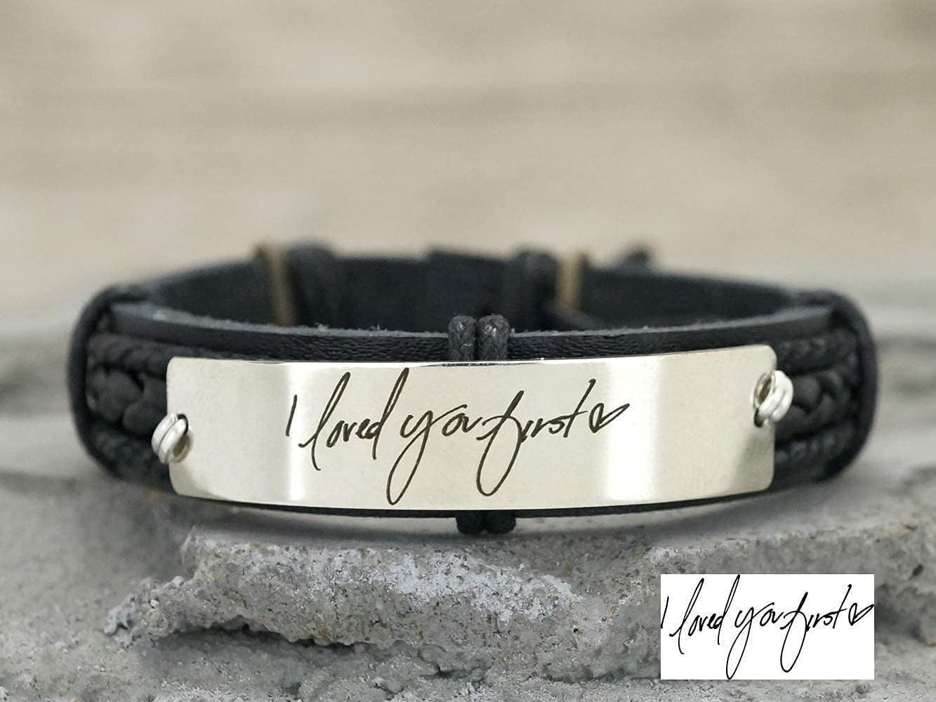 Memorial Signature Bracelet Handwriting, US Army Star Engraved Men, Custom Logo, Personalized Leather Wrist Band